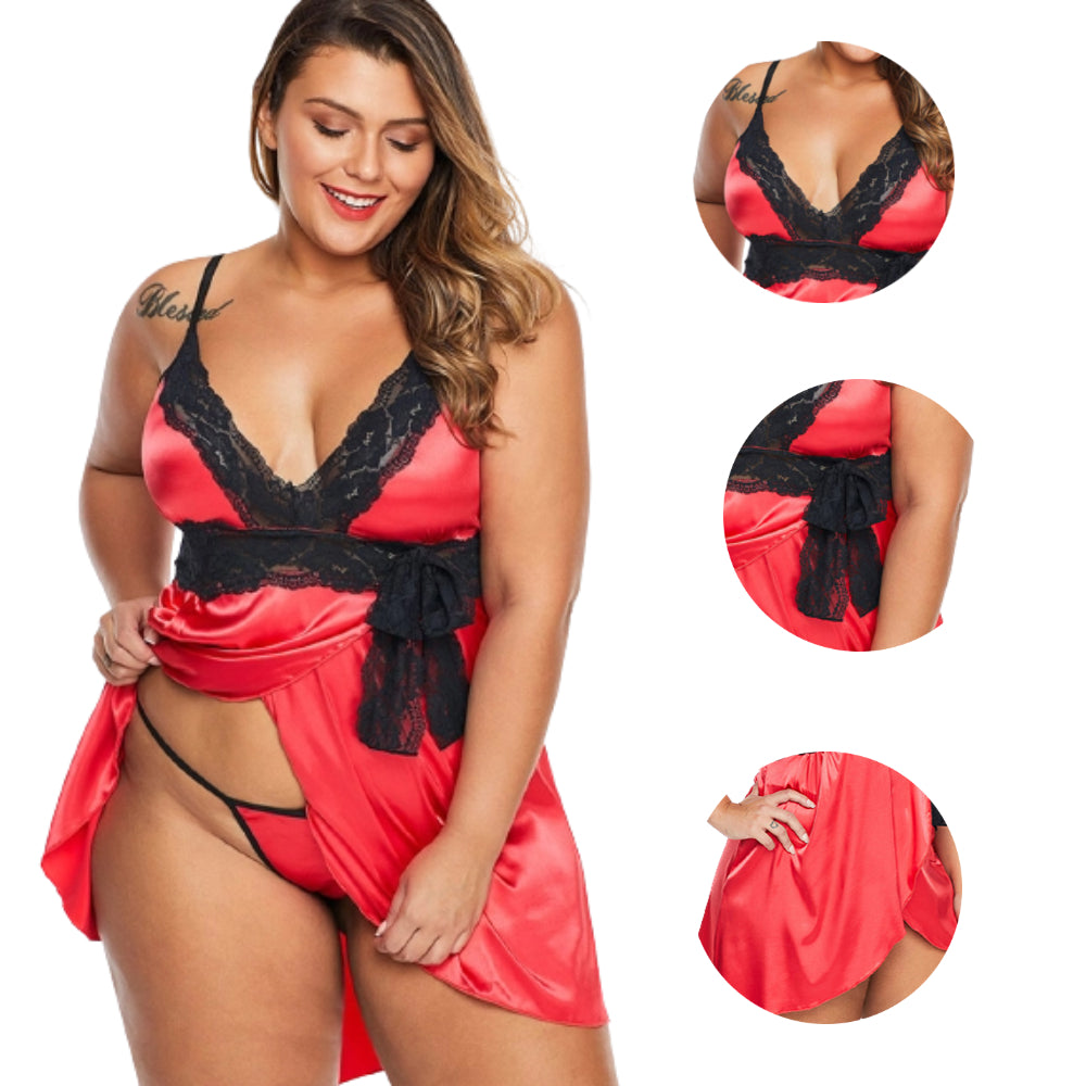 Women Plus Size Sexy V-Neck Strap Lace Babydoll