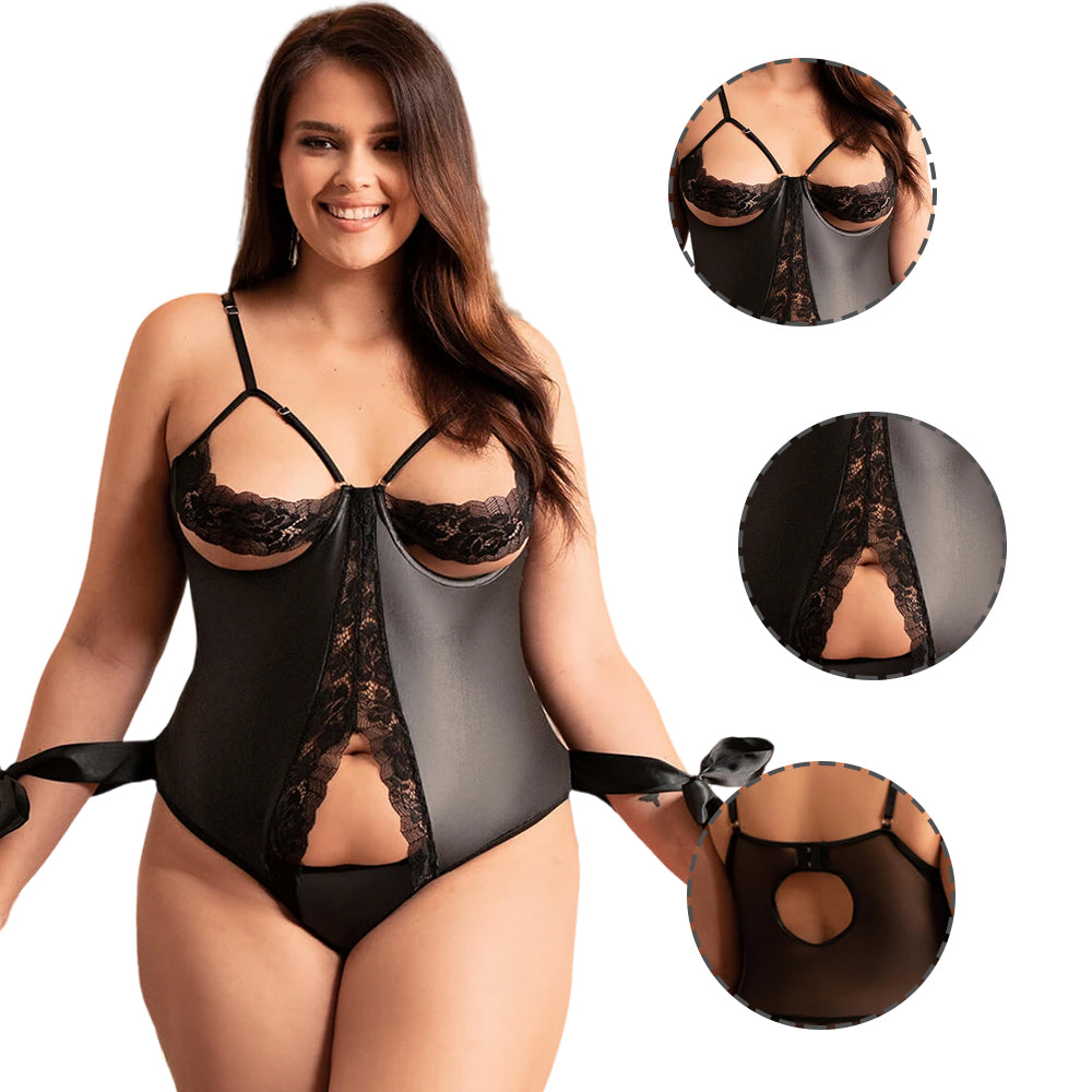 Women Plus Size Black Lace Cage Underwire Bra Bodysuit