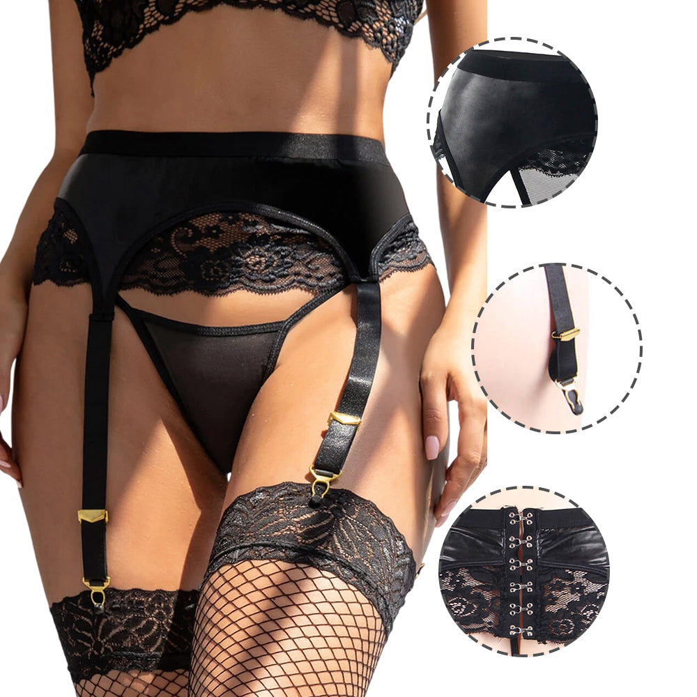 Women Plus Size Black Lace Sexy Erotic Faux Leather PantiesBelt For Garter Belts