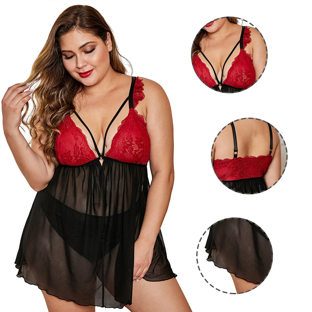 Women Plus Size Elegant Lace Cup Sheer Backless Babydoll