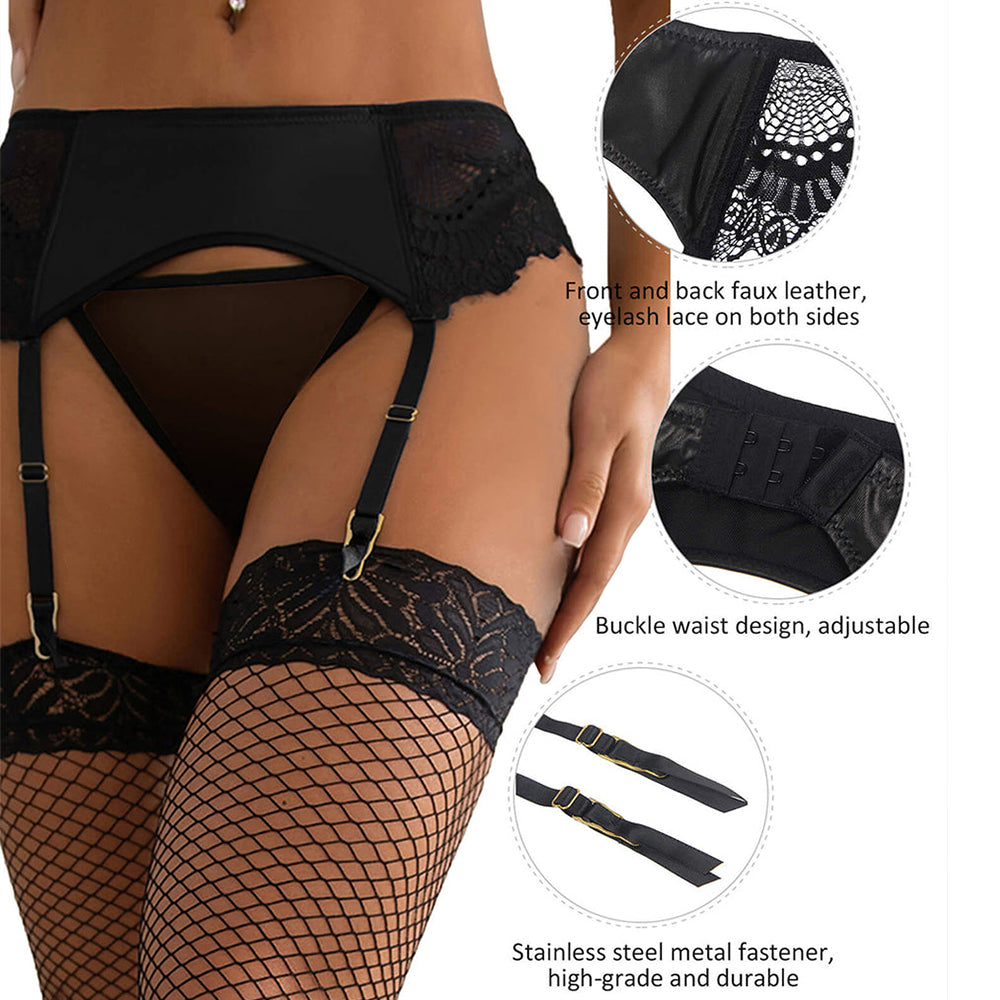 Women  Plus Size Faux Leather Eyelash Lace Panty Garter Belts