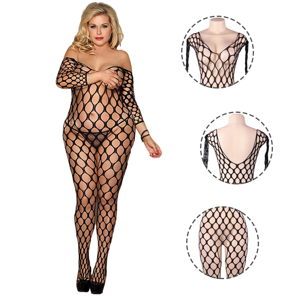 Women Plus Size Hollow Black Off Shoulder Bodystocking