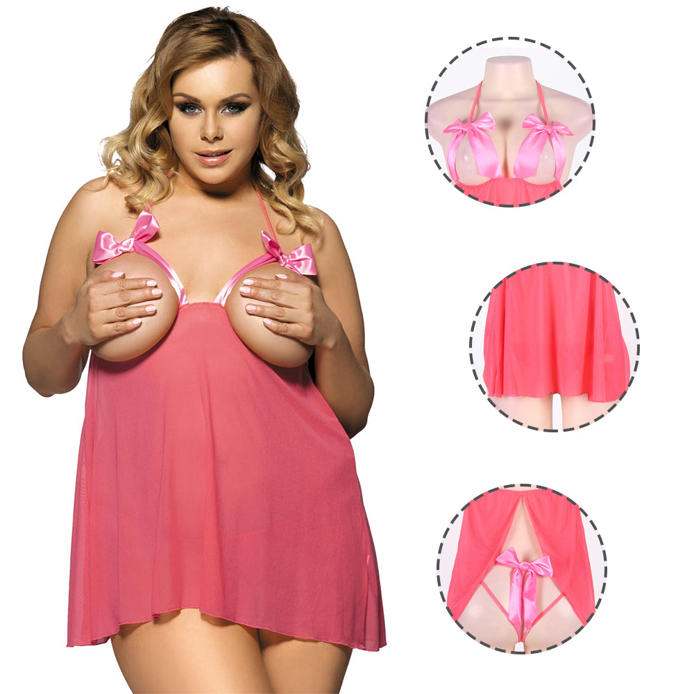 Women Plus Size Pink Mesh Bow Open Cup Babydoll